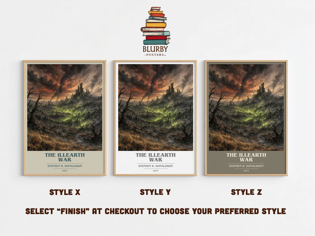 The Illearth War book cover print in frame leaning in hallway – fantasy wall art (mockup)