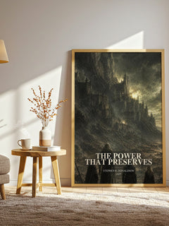 The Power That Preserves watercolour print in frame leaning in hallway – fantasy wall art