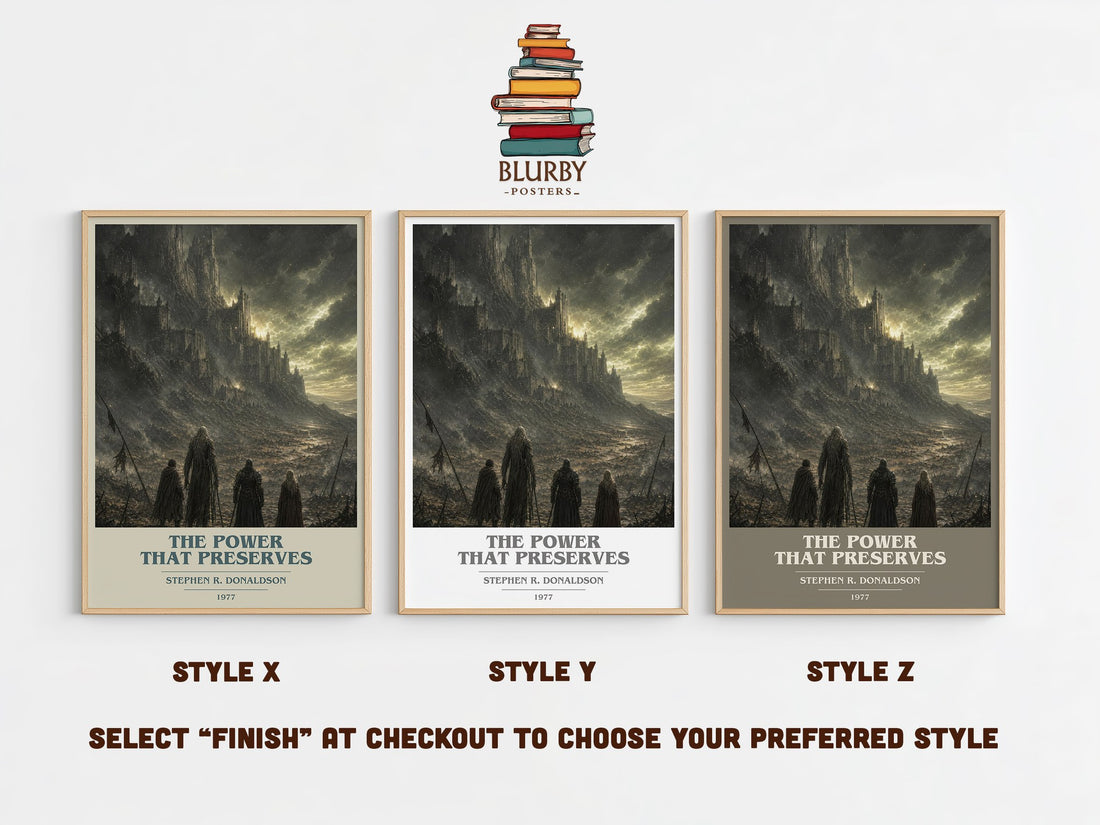 The Power That Preserves book cover print in frame leaning in hallway – fantasy wall art (mockup)