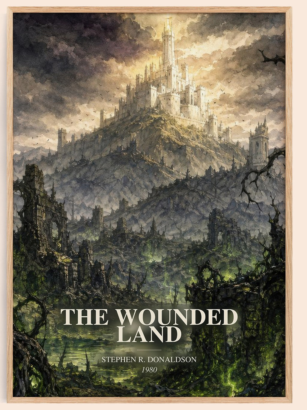 The Wounded Land watercolour book poster by Stephen R. Donaldson – framed literary art print
