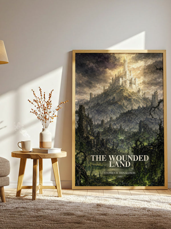 The Wounded Land watercolour print in frame leaning in hallway – fantasy wall art