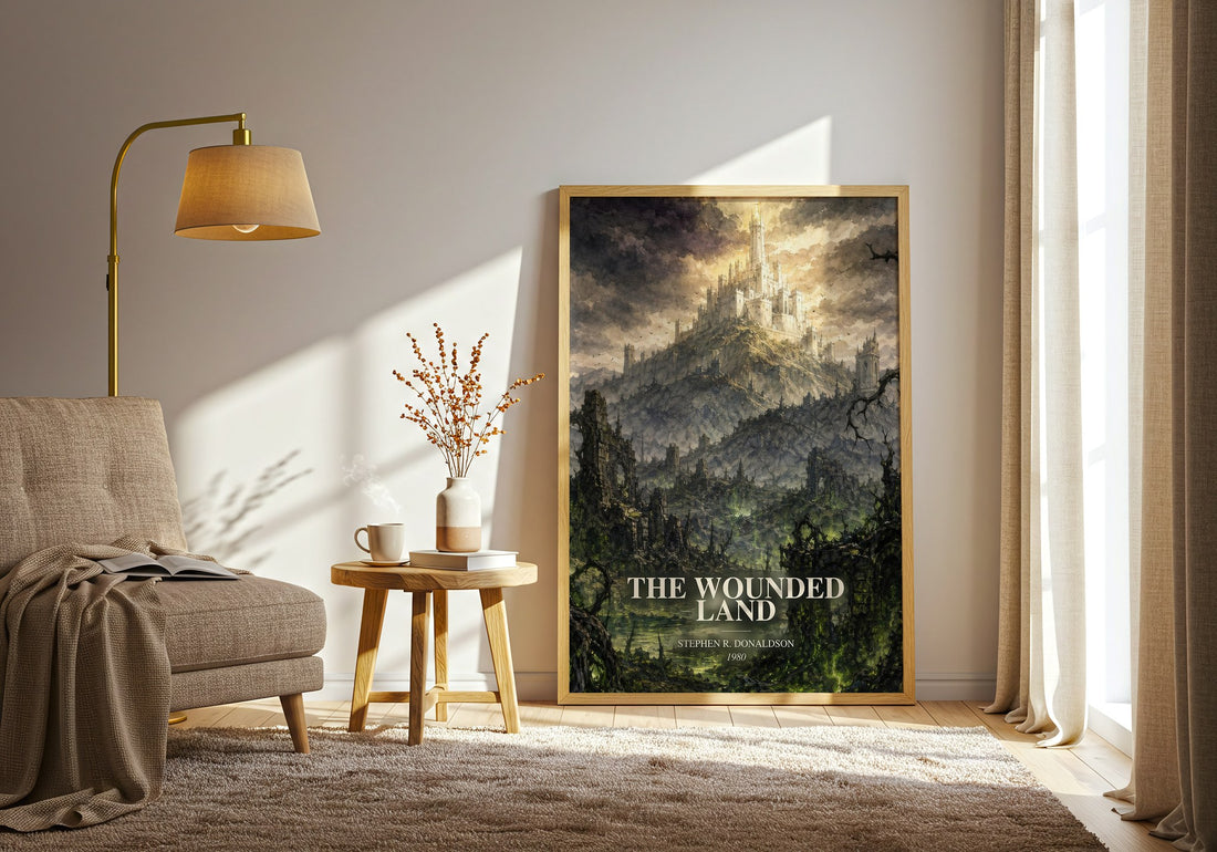 The Wounded Land watercolour print in frame leaning in hallway – fantasy wall art (mockup)