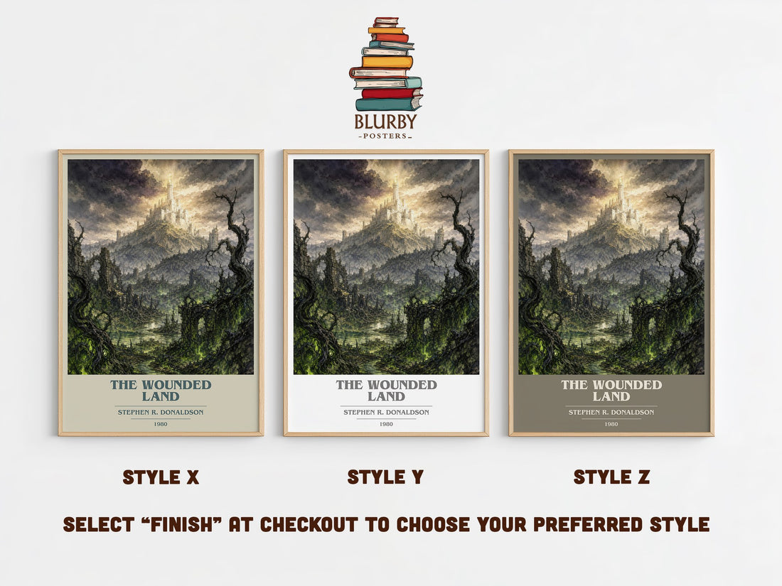 The Wounded Land book cover print in frame leaning in hallway – fantasy wall art (mockup)