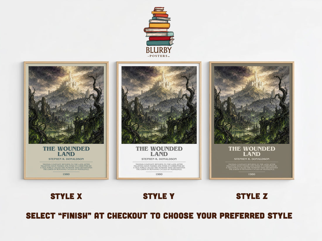 The Wounded Land bookish print in frame leaning in hallway – fantasy wall art (mockup)