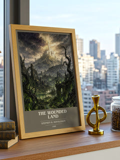 The Wounded Land book cover print framed by window – literary home decor