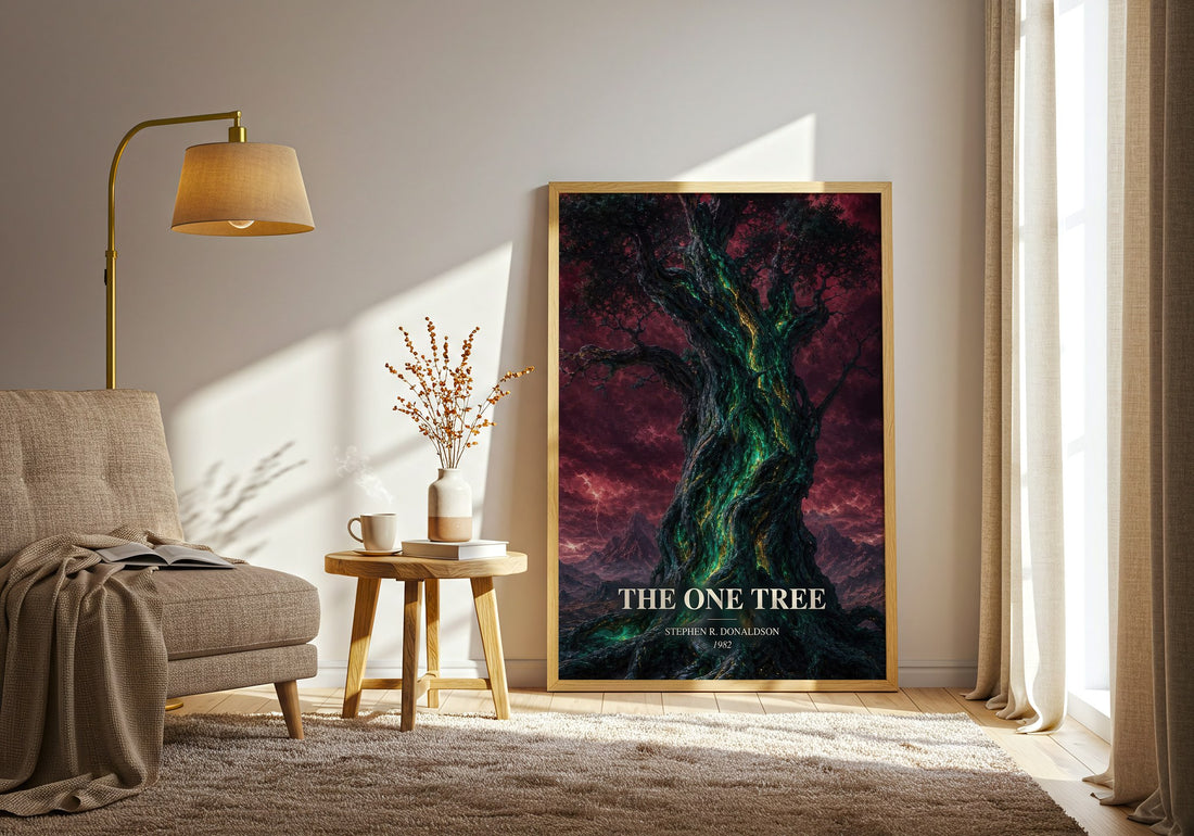 The One Tree watercolour print in frame leaning in hallway – fantasy wall art (mockup)