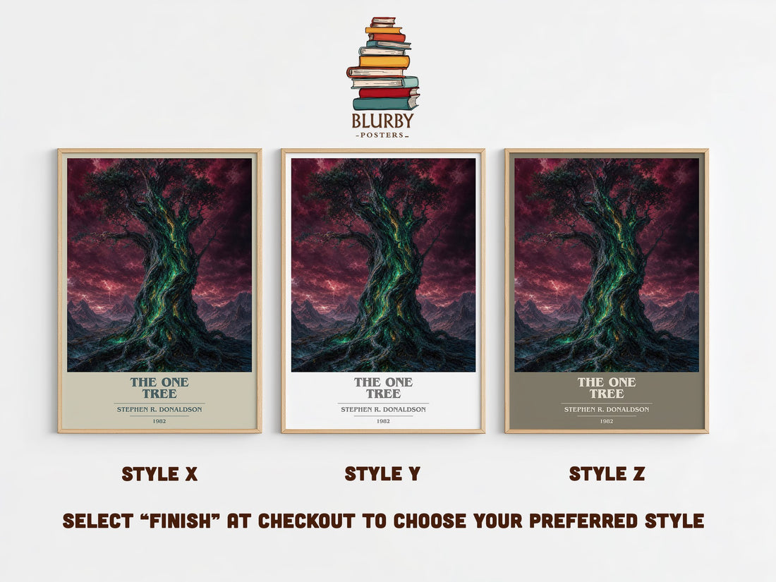 The One Tree book cover print in frame leaning in hallway – fantasy wall art (mockup)