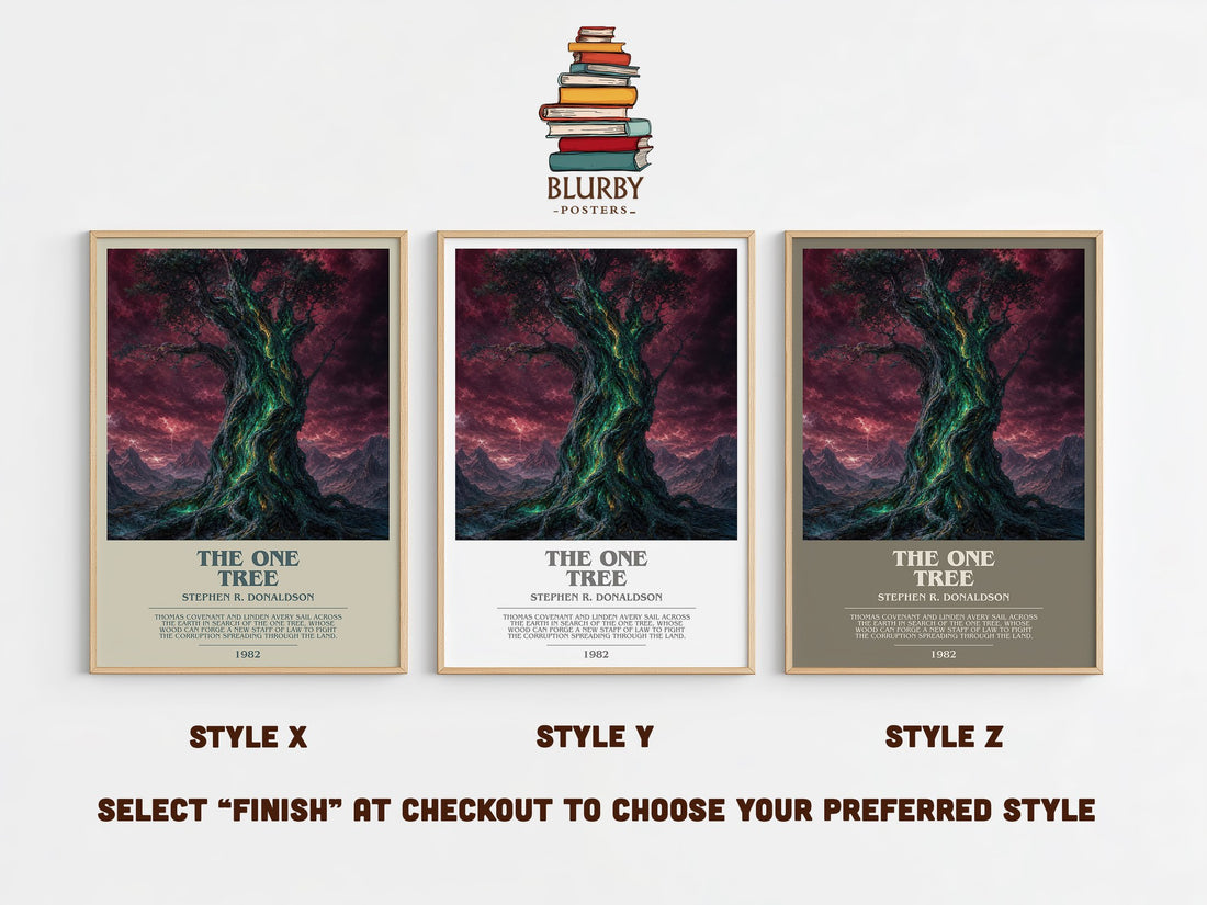 The One Tree bookish print in frame leaning in hallway – fantasy wall art (mockup)