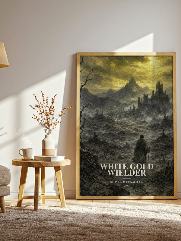 White Gold Wielder watercolour print in frame leaning in hallway – fantasy wall art