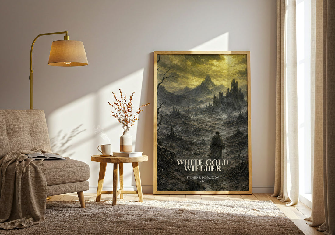 White Gold Wielder watercolour print in frame leaning in hallway – fantasy wall art (mockup)