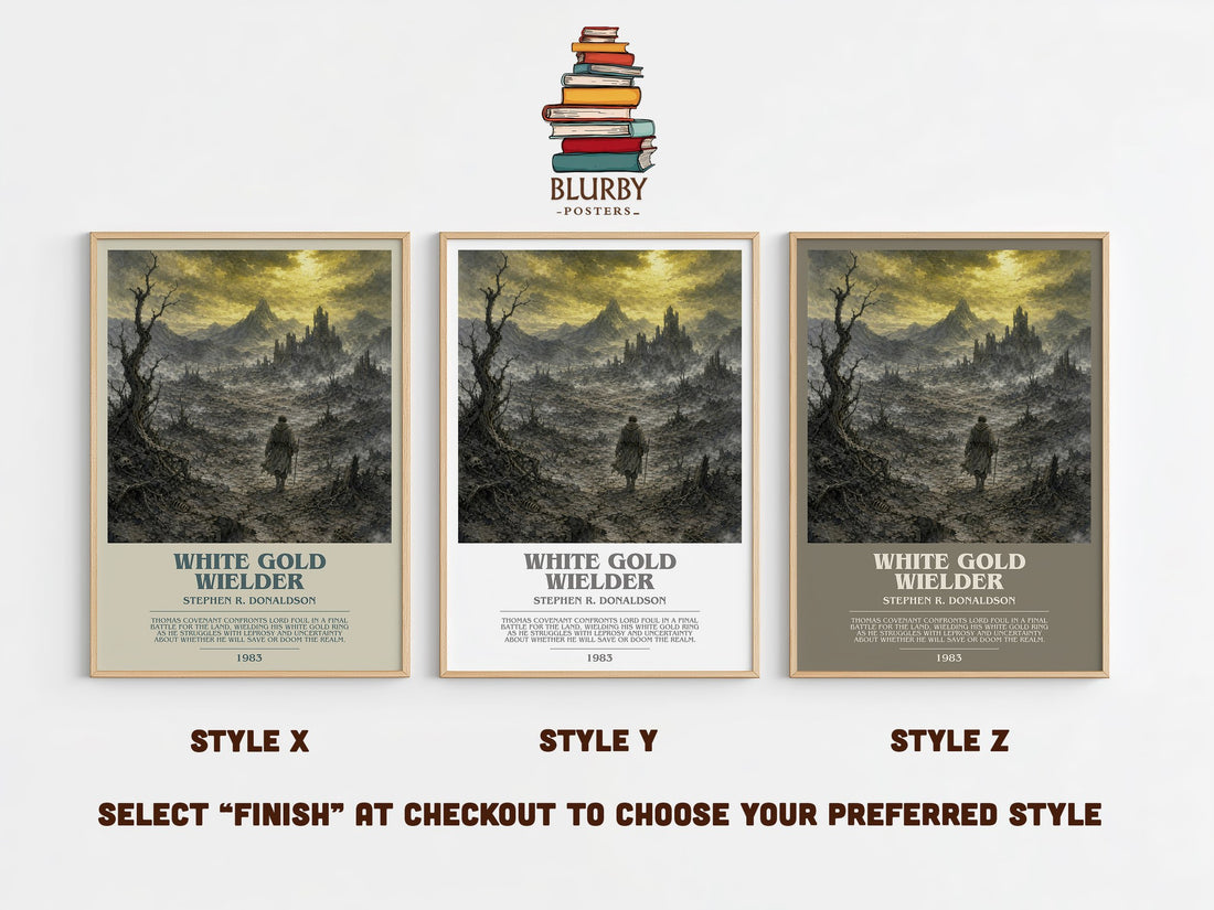 White Gold Wielder bookish print in frame leaning in hallway – fantasy wall art (mockup)
