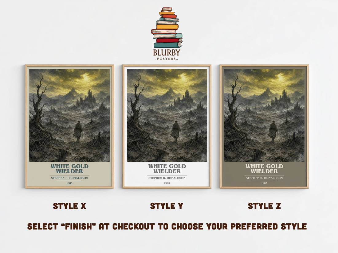 White Gold Wielder book cover print in frame leaning in hallway – fantasy wall art (mockup)