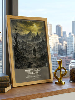 White Gold Wielder book cover print framed by window – literary home decor