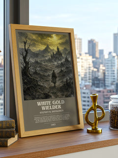 White Gold Wielder bookish print framed by window – literary home decor