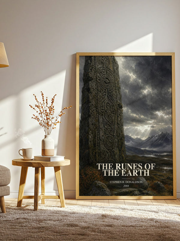 The Runes of the Earth watercolour print in frame leaning in hallway – fantasy wall art