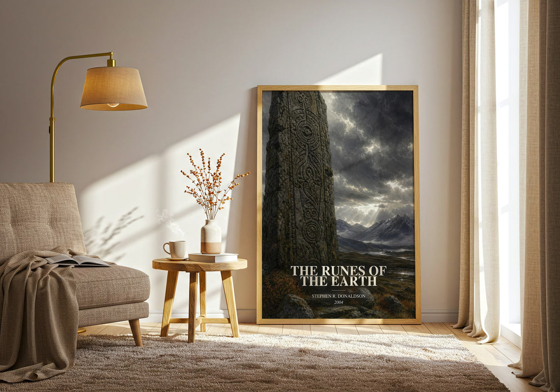The Runes of the Earth watercolour print in frame leaning in hallway – fantasy wall art (mockup)