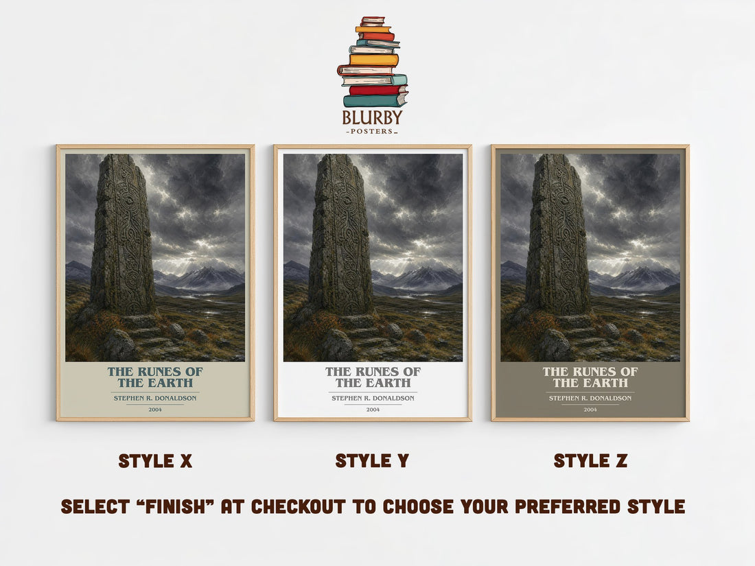 The Runes of the Earth book cover print in frame leaning in hallway – fantasy wall art (mockup)