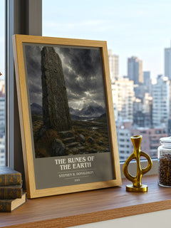 The Runes of the Earth book cover print framed by window – literary home decor