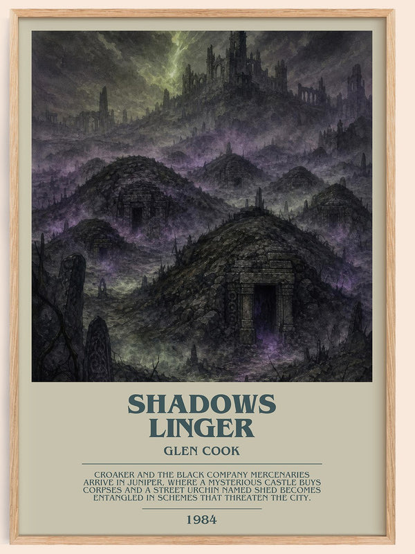 Shadows Linger bookish book poster by Glen Cook – framed literary art print