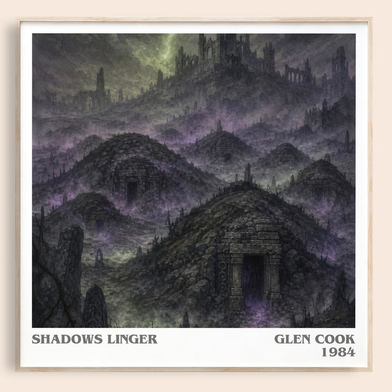 Shadows Linger literary book poster by Glen Cook – framed literary art print
