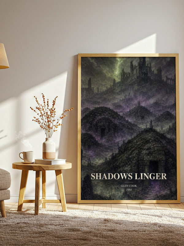 Shadows Linger watercolour print in frame leaning in hallway – fantasy wall art