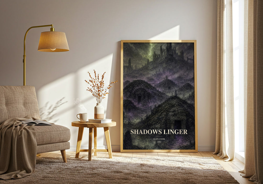 Shadows Linger watercolour print in frame leaning in hallway – fantasy wall art (mockup)