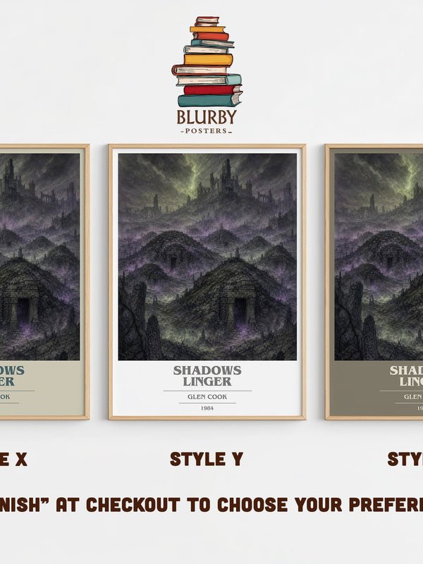 Shadows Linger book cover print in frame leaning in hallway – fantasy wall art
