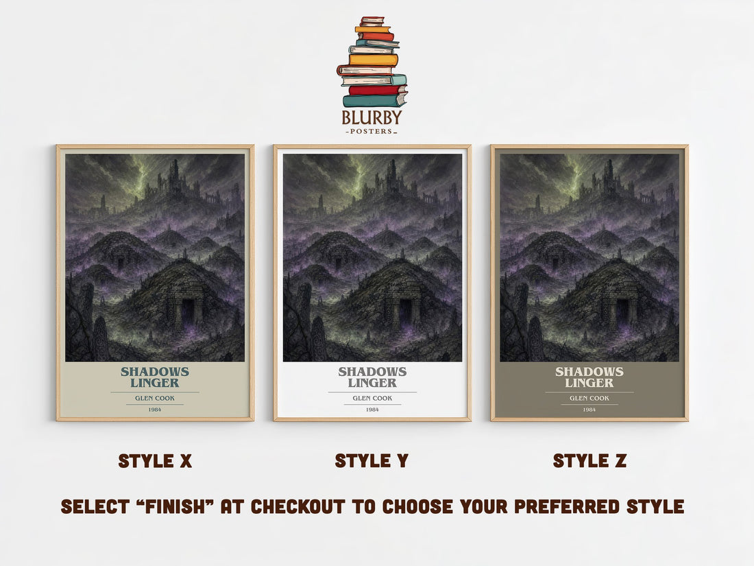 Shadows Linger book cover print in frame leaning in hallway – fantasy wall art (mockup)