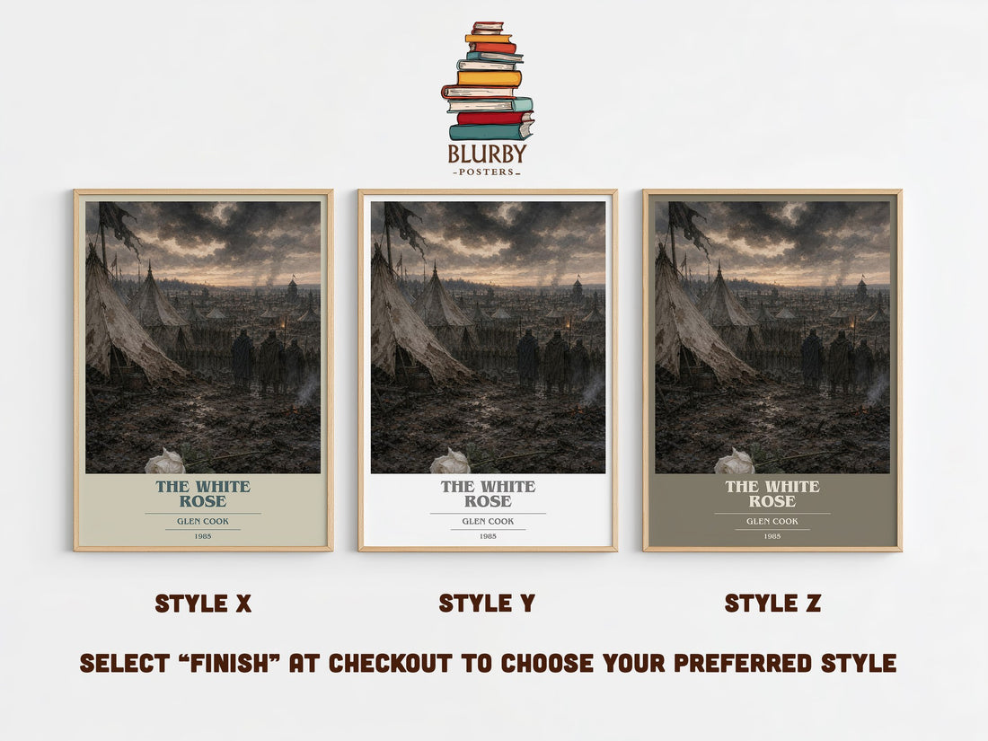The White Rose book cover print in frame leaning in hallway – fantasy wall art (mockup)