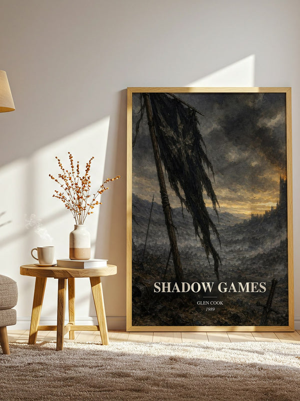 Shadow Games watercolour print in frame leaning in hallway – fantasy wall art