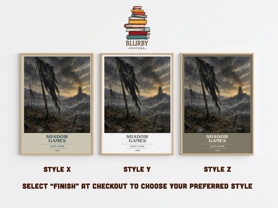 Shadow Games book cover print in frame leaning in hallway – fantasy wall art (mockup)