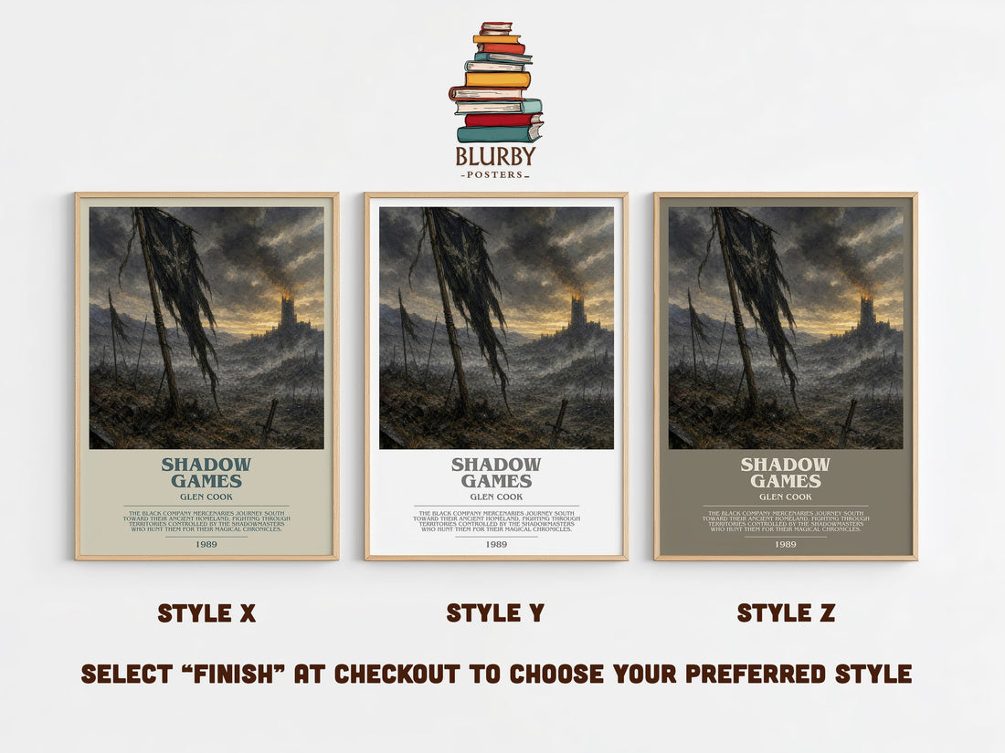 Shadow Games bookish print in frame leaning in hallway – fantasy wall art (mockup)