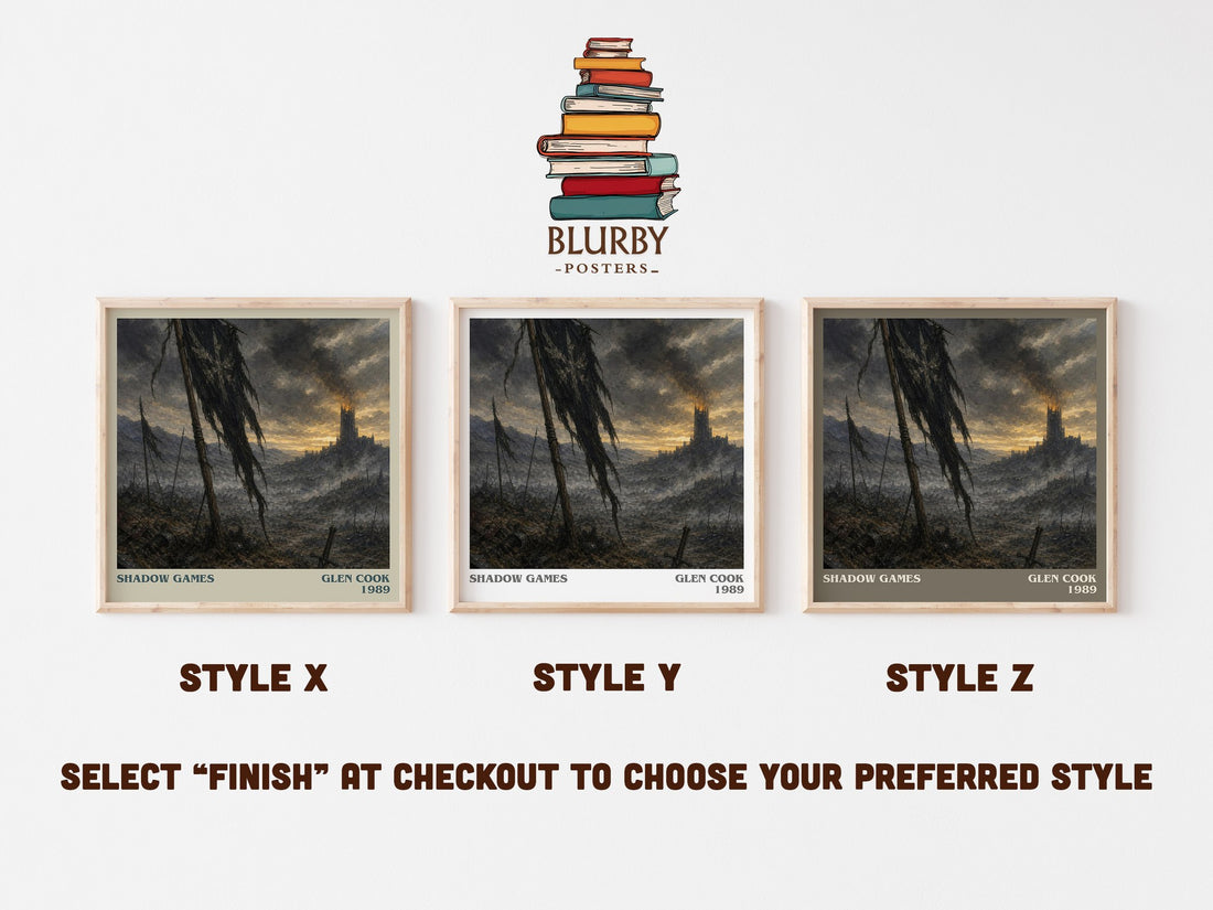 Shadow Games literary print in frame leaning in hallway – fantasy wall art (mockup)
