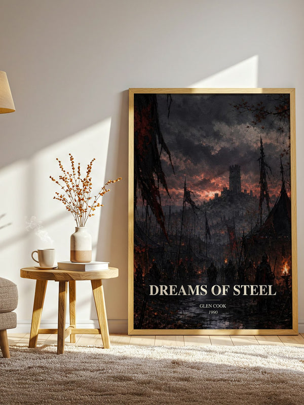 Dreams of Steel watercolour print in frame leaning in hallway – fantasy wall art