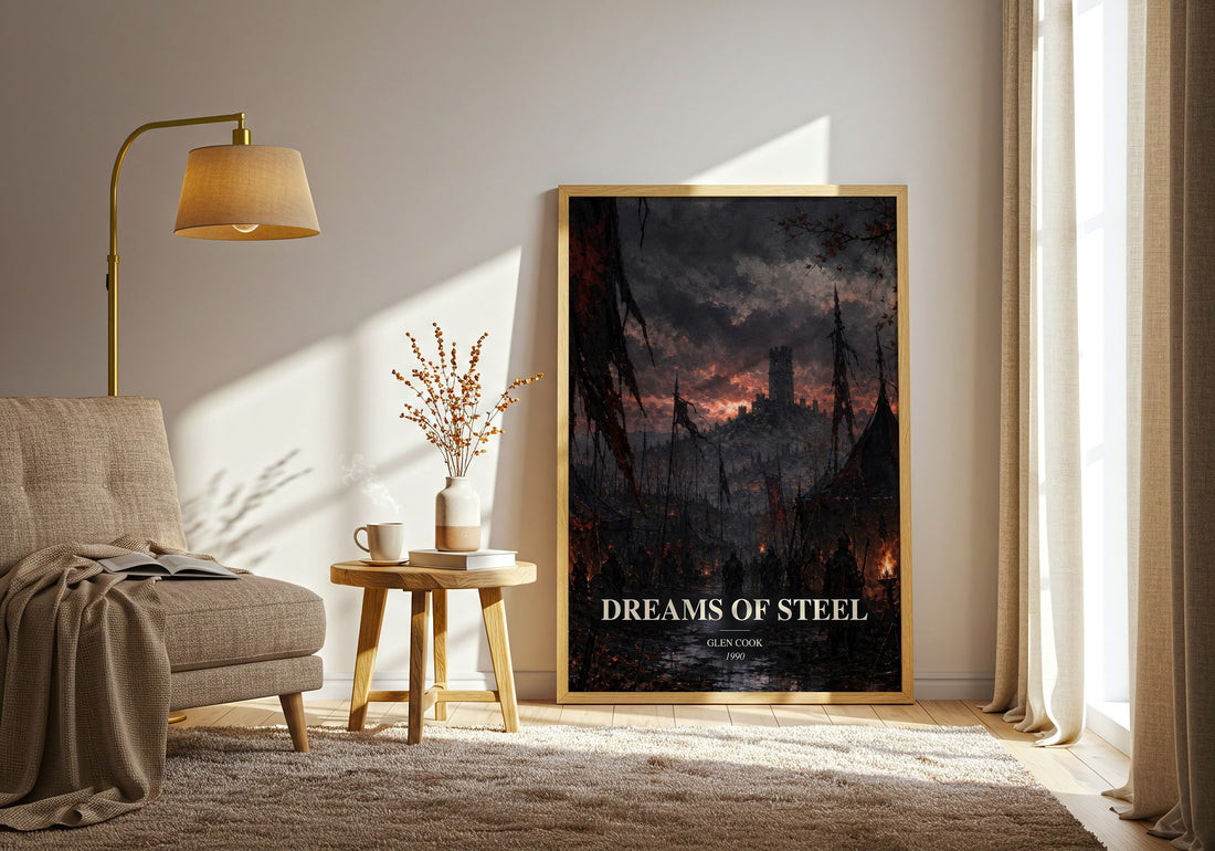 Dreams of Steel watercolour print in frame leaning in hallway – fantasy wall art (mockup)