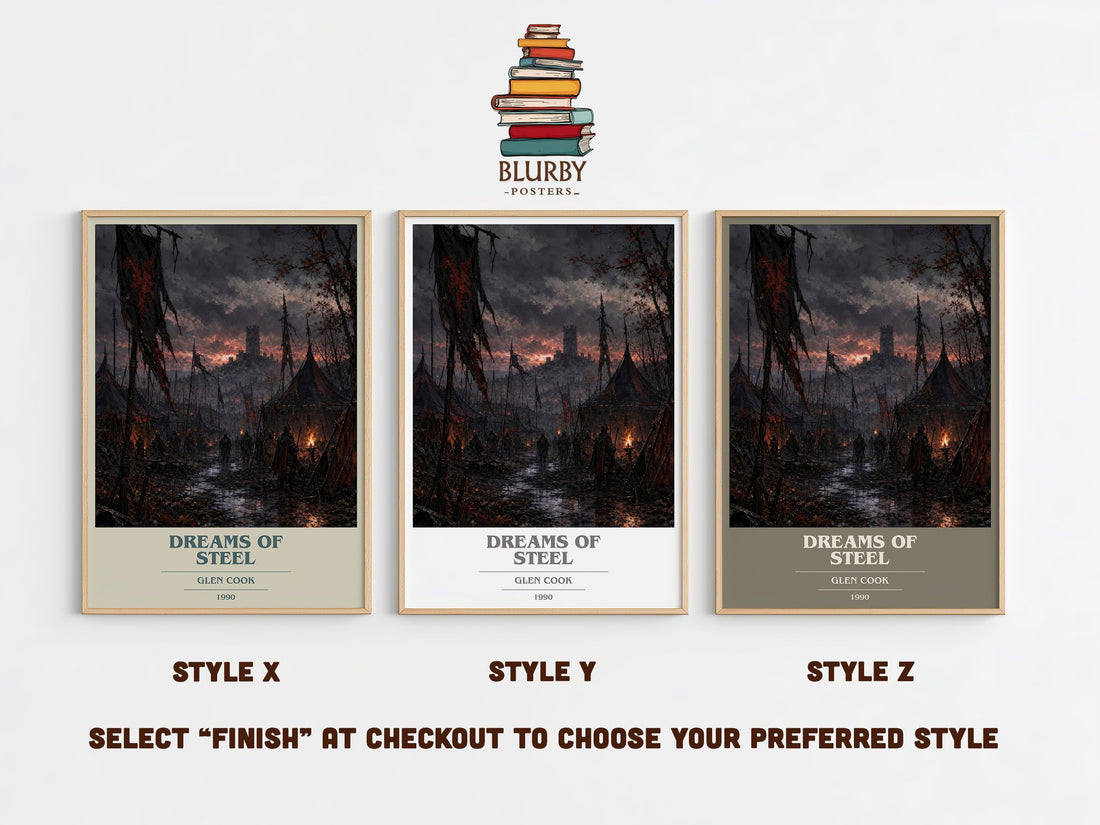 Dreams of Steel book cover print in frame leaning in hallway – fantasy wall art (mockup)