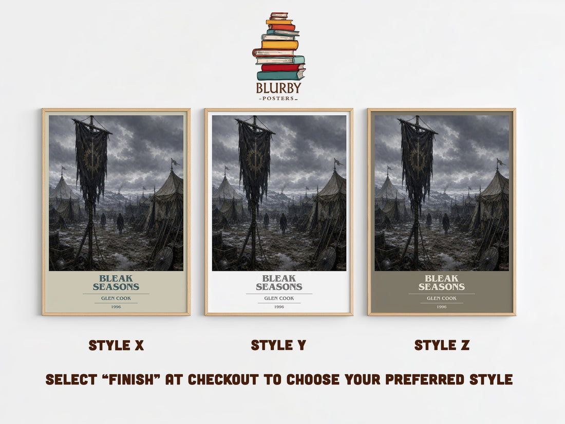Bleak Seasons book cover print in frame leaning in hallway – fantasy wall art (mockup)