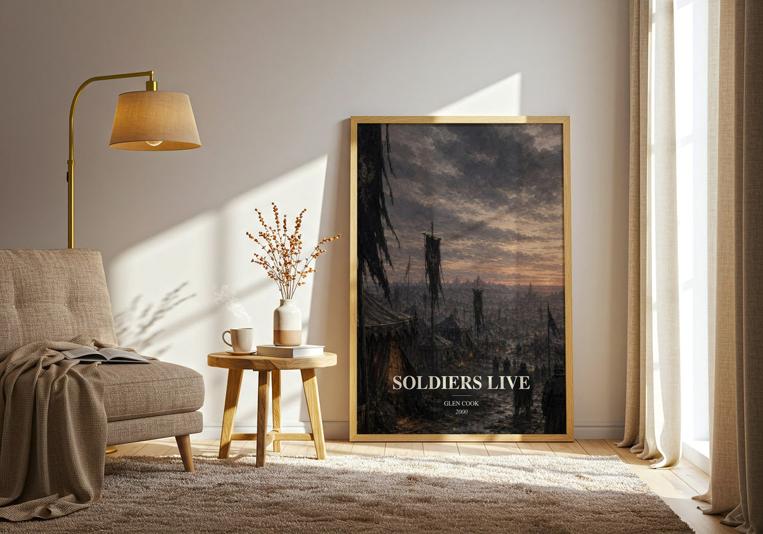 Soldiers Live watercolour print in frame leaning in hallway – fantasy wall art (mockup)