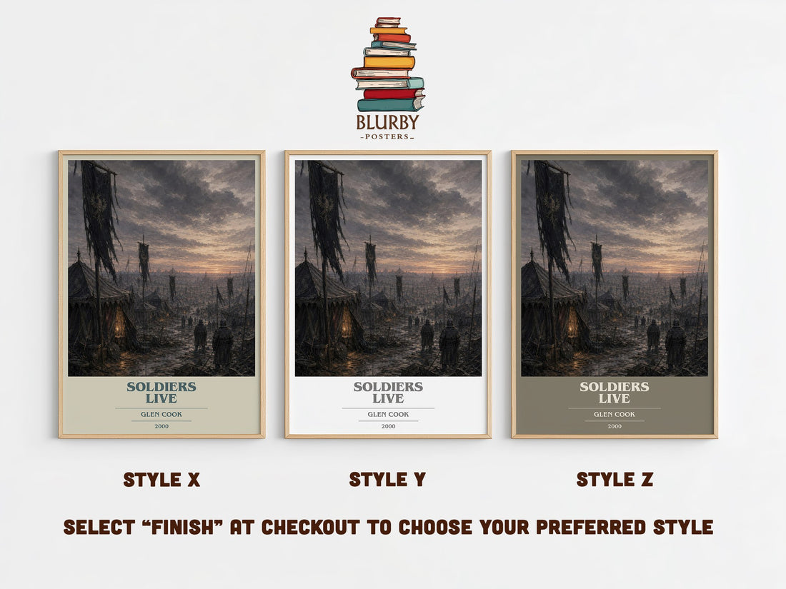 Soldiers Live book cover print in frame leaning in hallway – fantasy wall art (mockup)