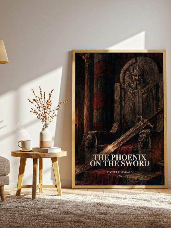 The Phoenix on the Sword watercolour print in frame leaning in hallway – fantasy wall art