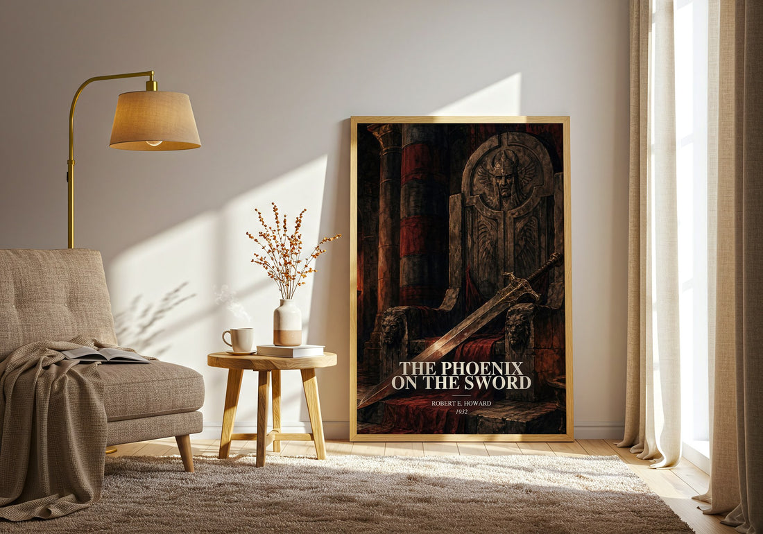 The Phoenix on the Sword watercolour print in frame leaning in hallway – fantasy wall art (mockup)