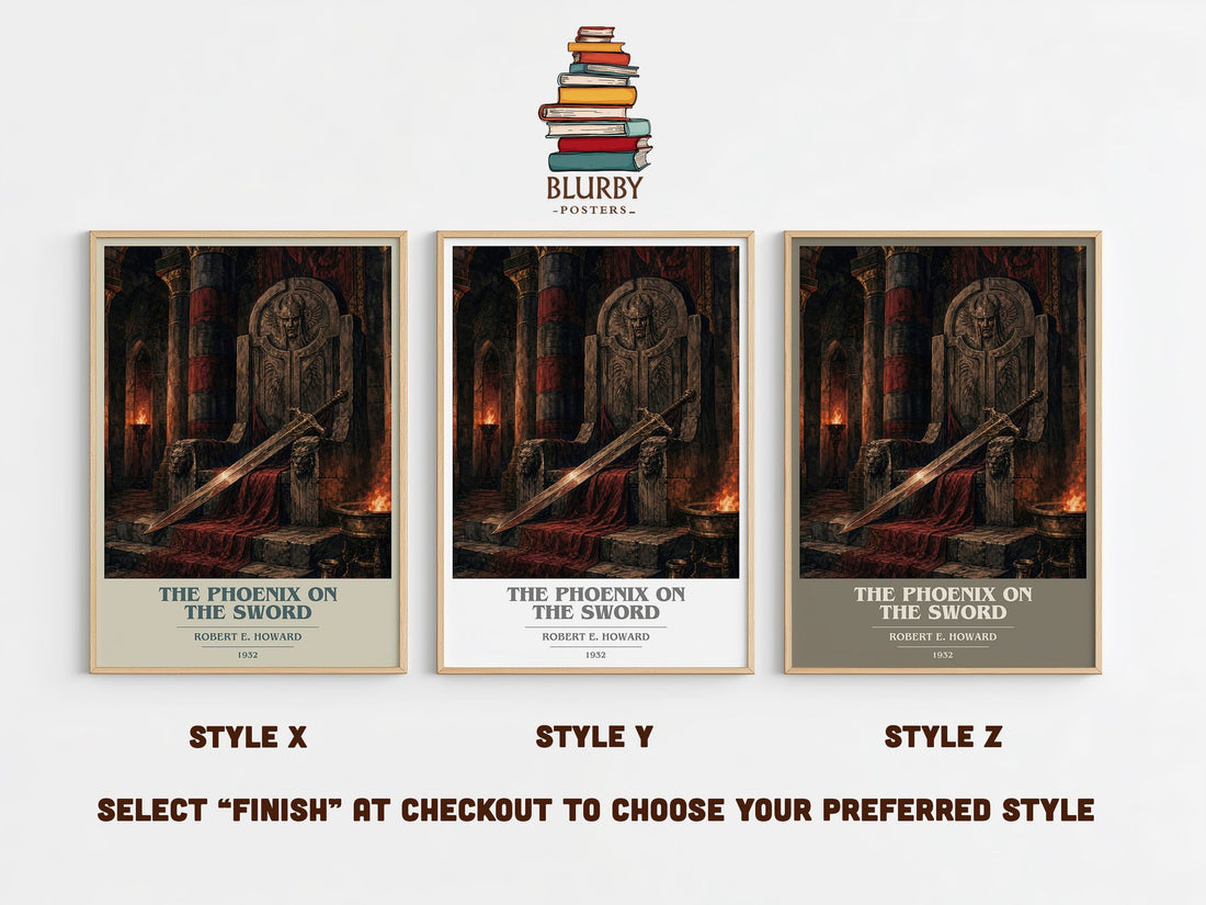 The Phoenix on the Sword book cover print in frame leaning in hallway – fantasy wall art (mockup)