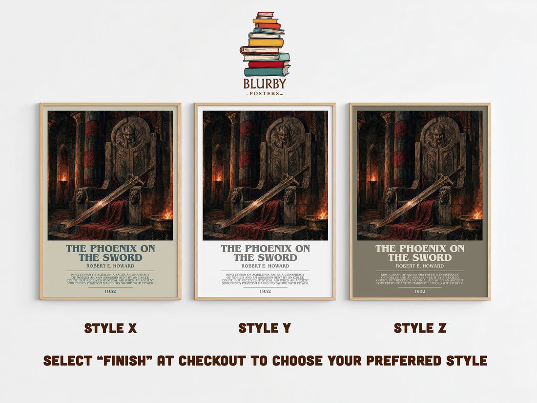 The Phoenix on the Sword bookish print in frame leaning in hallway – fantasy wall art (mockup)