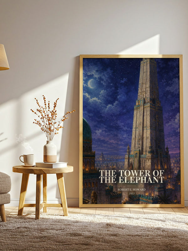The Tower of the Elephant watercolour print in frame leaning in hallway – fantasy wall art