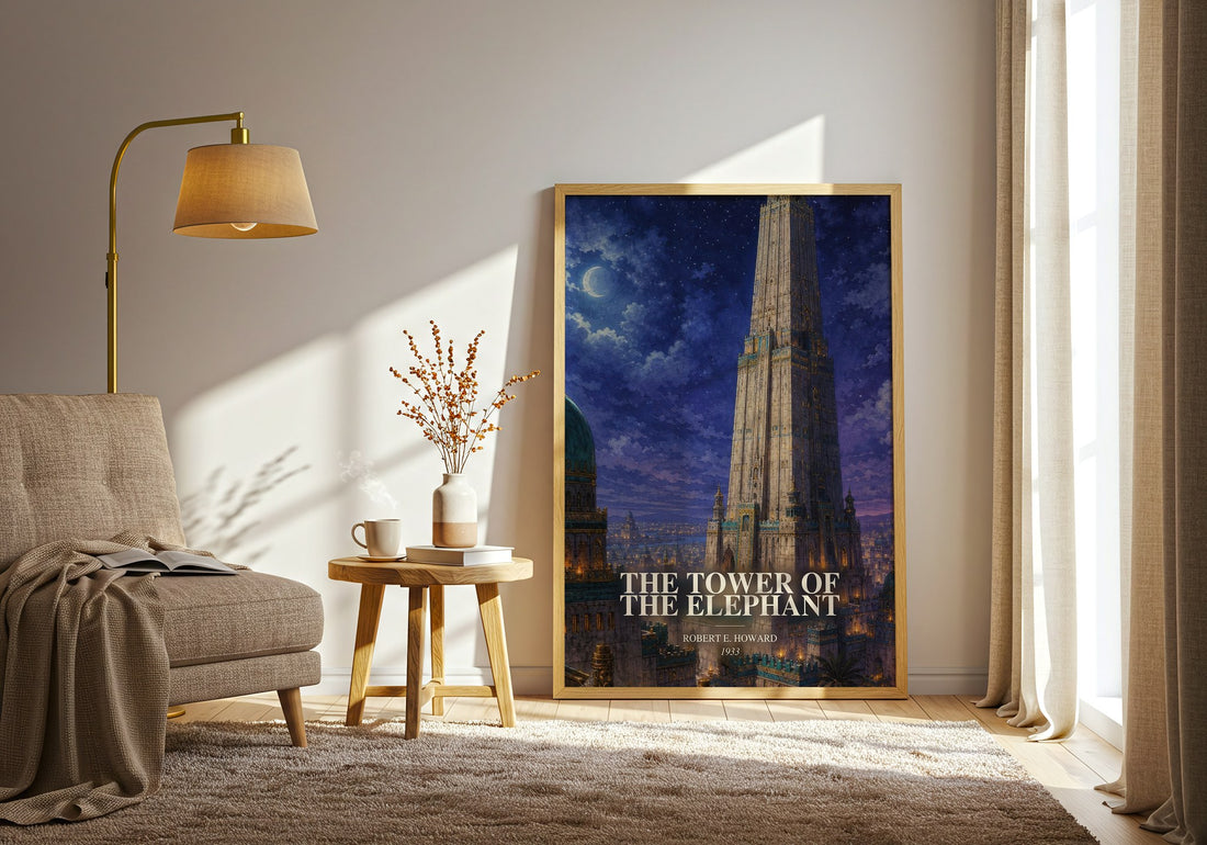 The Tower of the Elephant watercolour print in frame leaning in hallway – fantasy wall art (mockup)