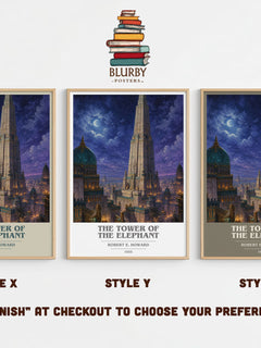 The Tower of the Elephant book cover print in frame leaning in hallway – fantasy wall art