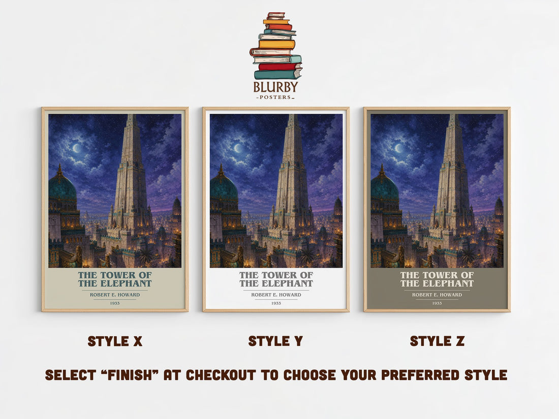 The Tower of the Elephant book cover print in frame leaning in hallway – fantasy wall art (mockup)