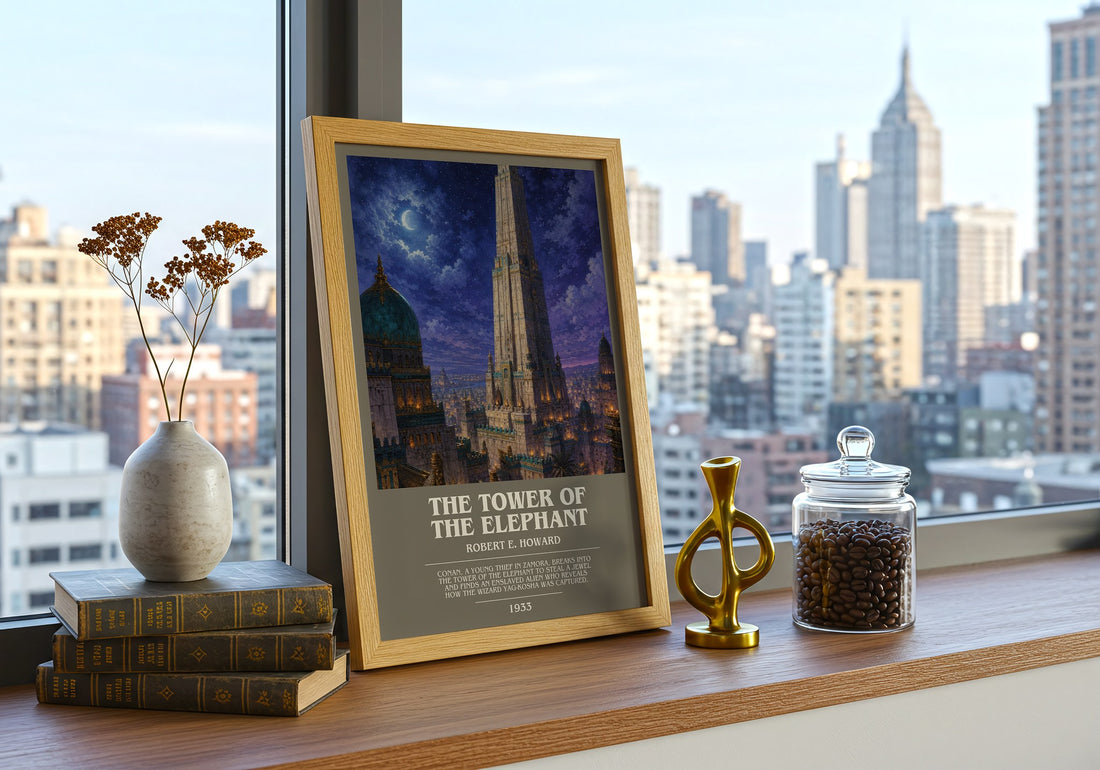 The Tower of the Elephant bookish print framed by window – literary home decor
