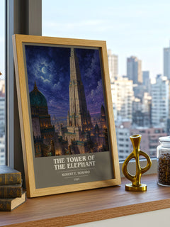The Tower of the Elephant book cover print framed by window – literary home decor