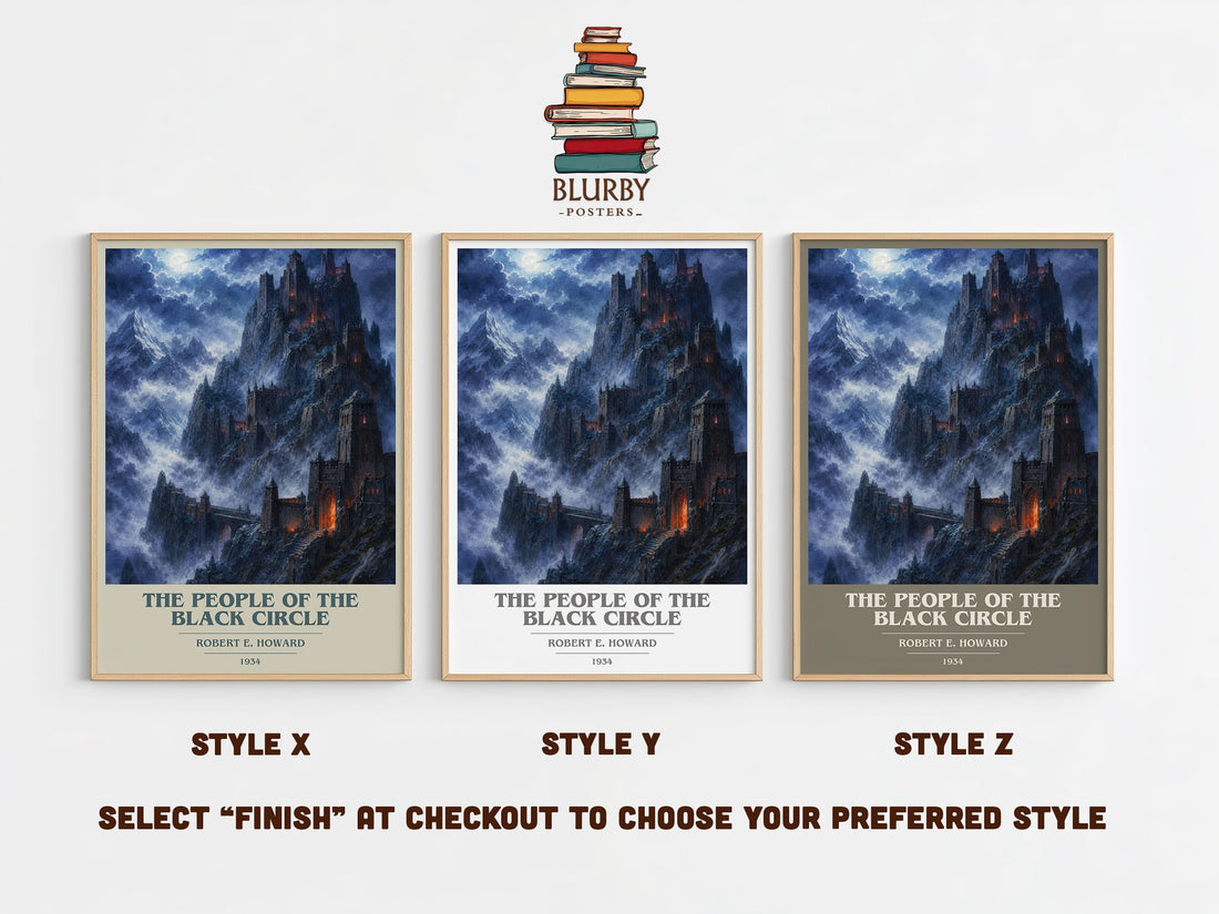 The People of the Black Circle book cover print in frame leaning in hallway – fantasy wall art (mockup)